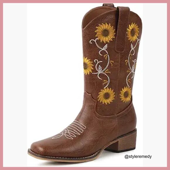 Shoes - Faux Leather Mid Calf Cowboy Boots with Sunflower Embroidery, Square Toe